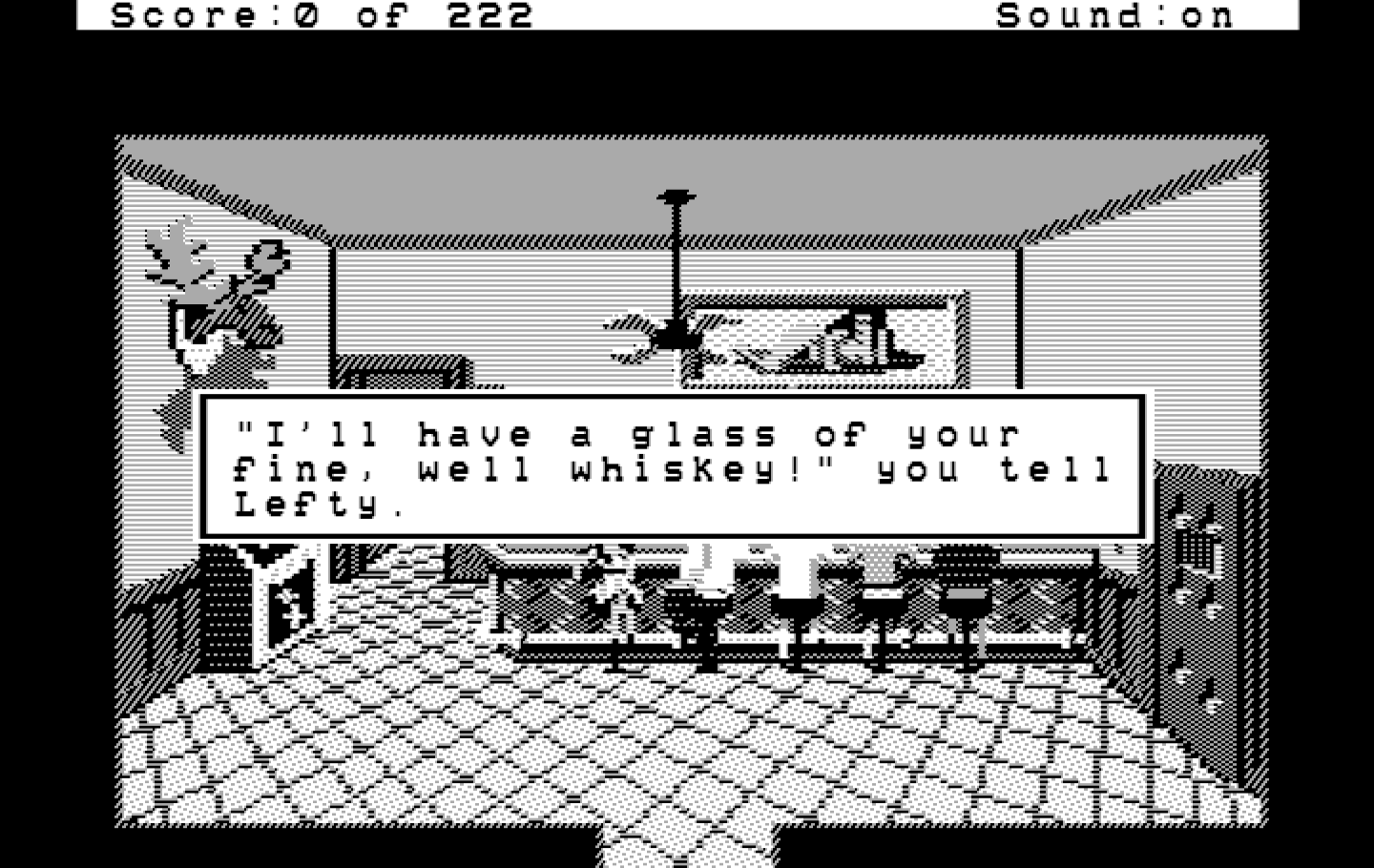 Leisure Suit Larry in the Land of the Lounge Lizards IBM PC/Compatibles Screenshot: Time for a glass of fine whiskey!