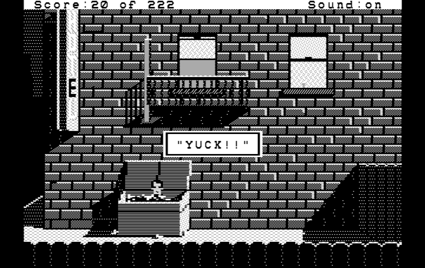 Leisure Suit Larry in the Land of the Lounge Lizards IBM PC/Compatibles Screenshot: Yuck! Stuck in the garbage!