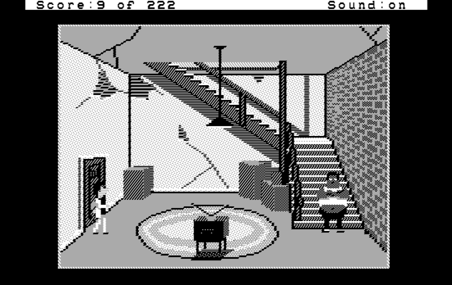 Leisure Suit Larry in the Land of the Lounge Lizards IBM PC/Compatibles Screenshot: Hmm, how can I get past this guy blocking the stairs?