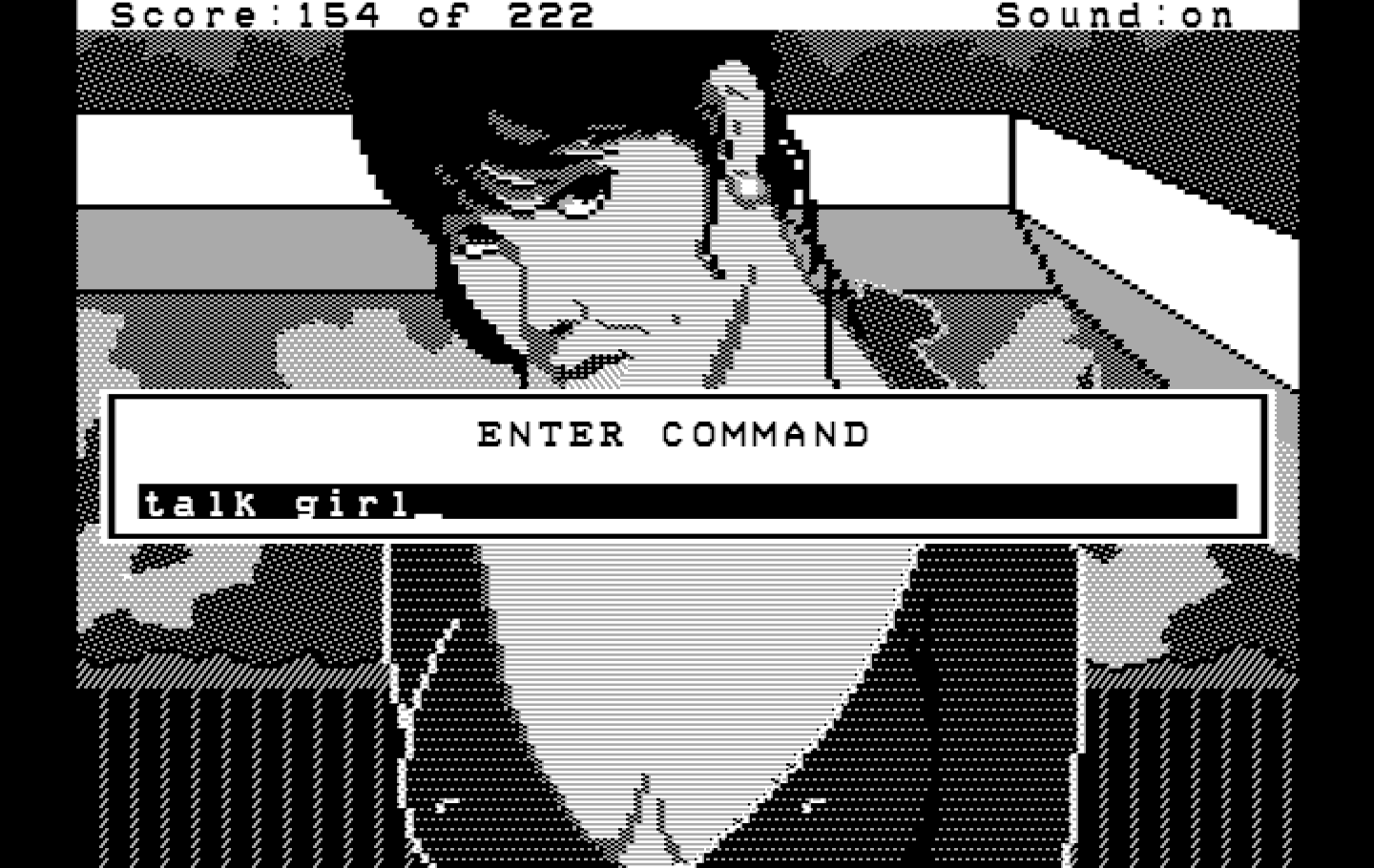 Leisure Suit Larry in the Land of the Lounge Lizards IBM PC/Compatibles Screenshot: The Hercules Monochrome version has a pop-up box appear when typing similar to SCI games.