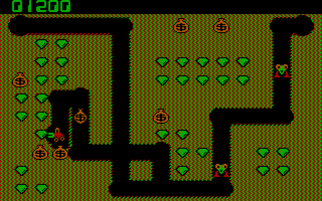 Digger IBM PC/Compatibles Screenshot: Collecting diamonds.