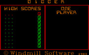Digger for IBM PC/Compatibles - Title screen and an empty high score table.