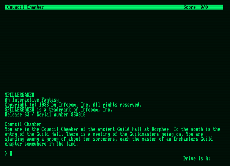 Spellbreaker Amstrad PCW Screenshot: Starting screen.