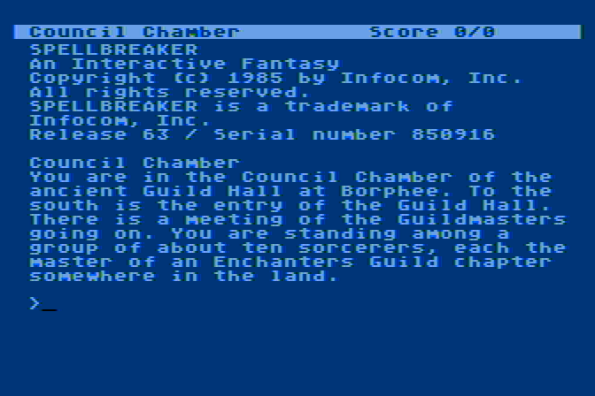 Spellbreaker Atari 8-bit Screenshot: Starting screen.