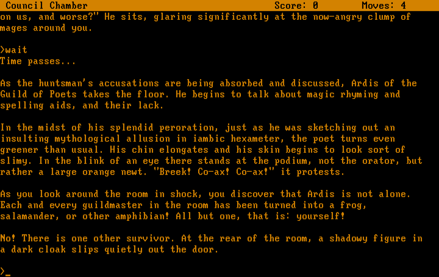 Spellbreaker IBM PC/Compatibles Screenshot: Trouble in the Council Chamber...