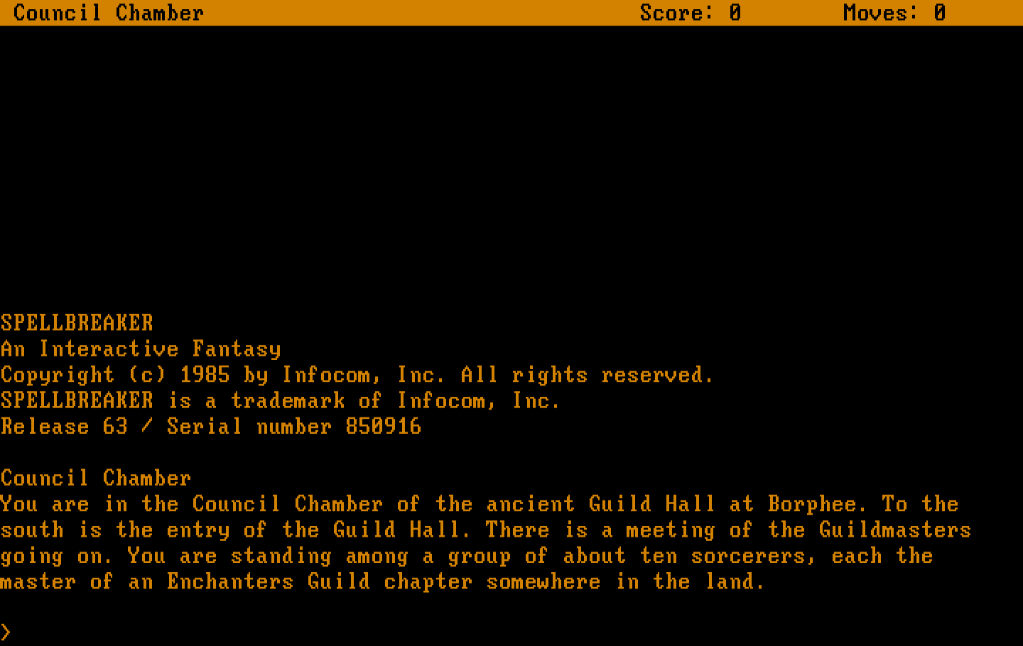 Spellbreaker IBM PC/Compatibles Screenshot: Title and starting screen.