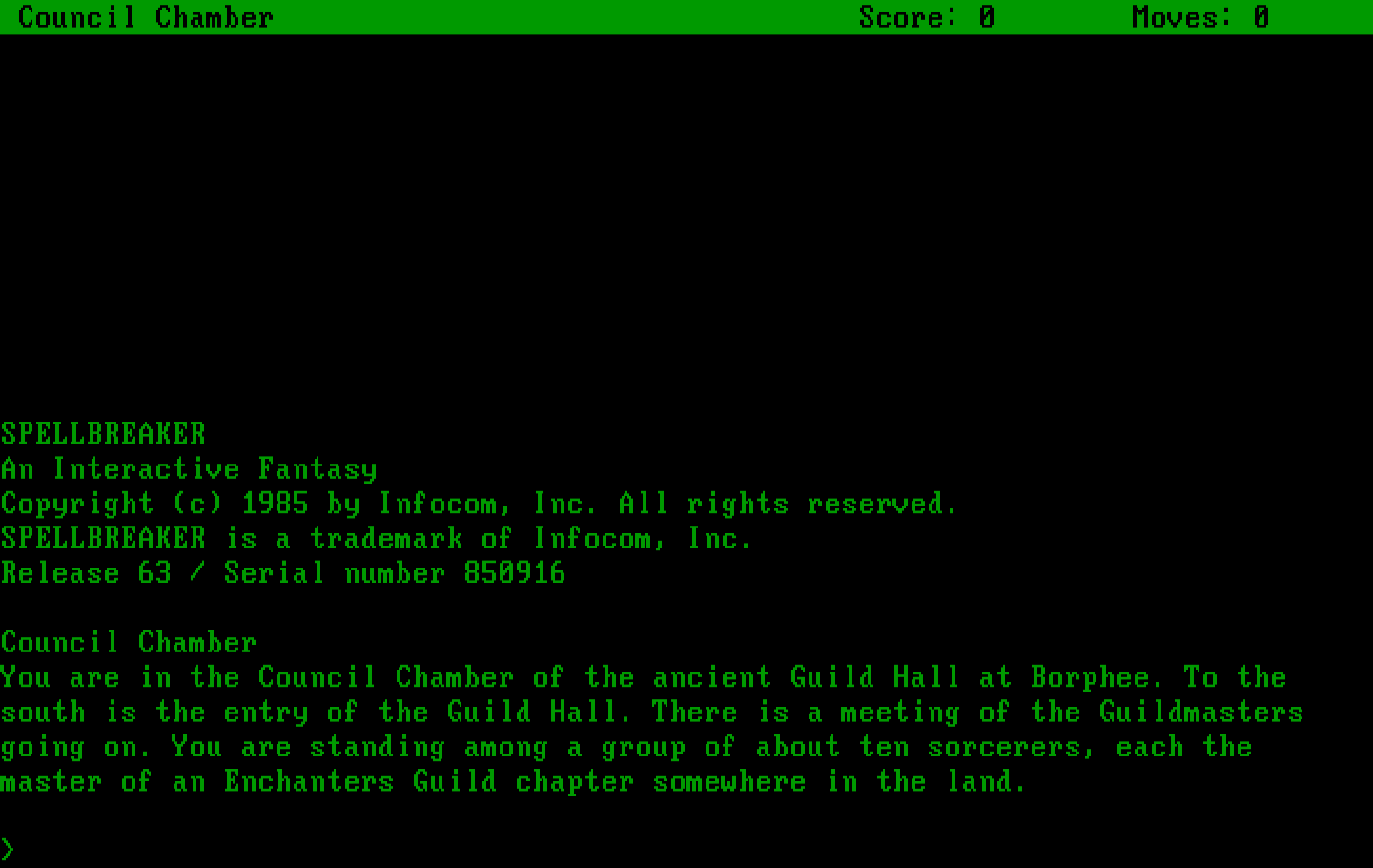 Spellbreaker IBM PC/Compatibles Screenshot: Title and starting screen.