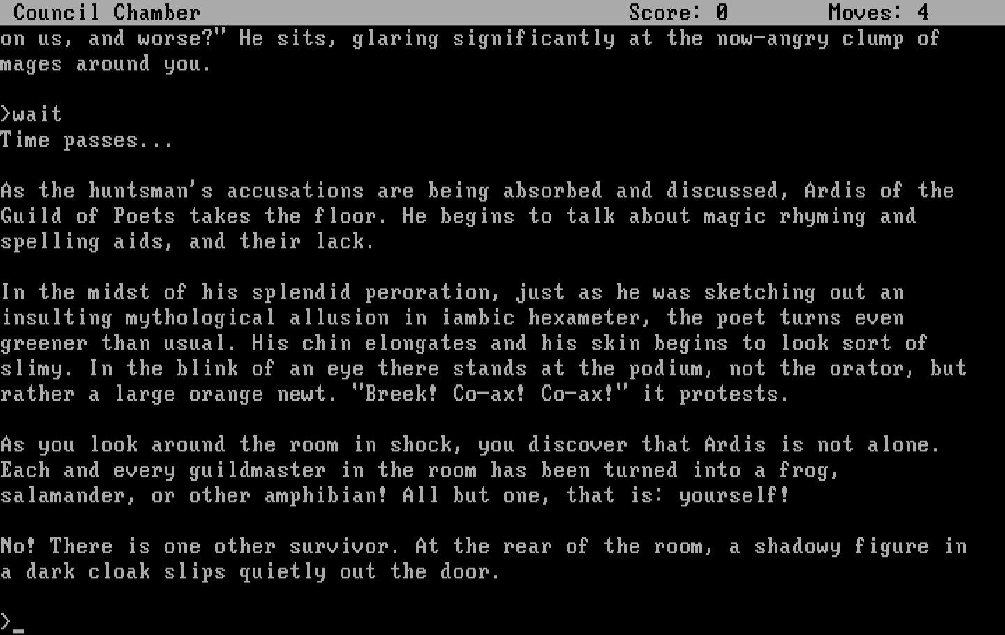 Spellbreaker IBM PC/Compatibles Screenshot: Trouble in the Council Chamber...