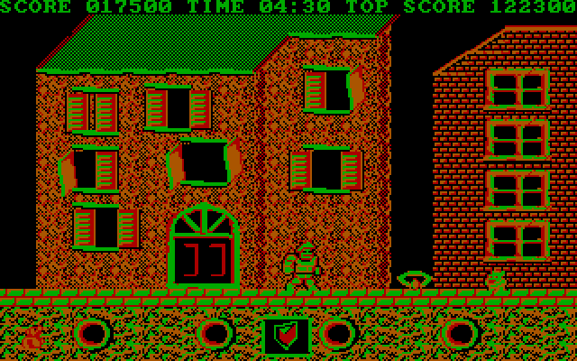 Ghosts 'N Goblins IBM PC/Compatibles Screenshot: Travelling through a ghostly town.