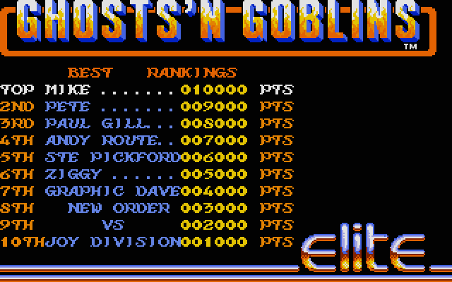 Ghosts 'N Goblins Atari ST Screenshot: High scores.