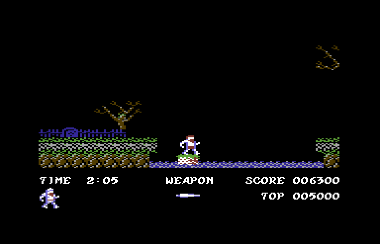 Ghosts 'N Goblins Commodore 64 Screenshot: Ride this moving platform across the river...