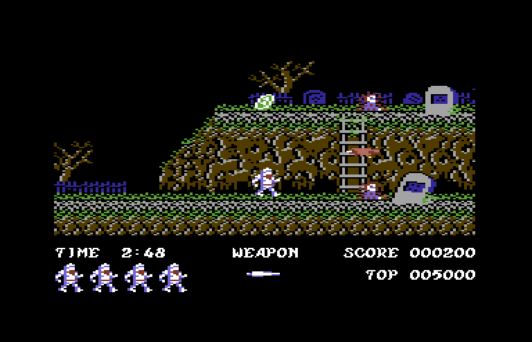 Ghosts 'N Goblins Commodore 64 Screenshot: Avoid the birds and zombies!