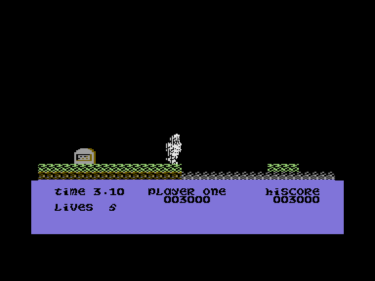 Ghosts 'N Goblins Commodore 16 & Plus/4 Screenshot: Jump on the platform to cross the river.