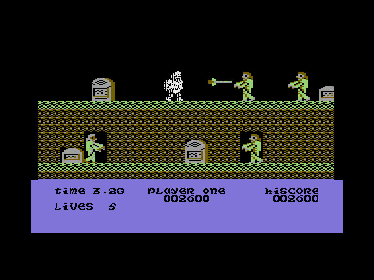 Ghosts 'N Goblins Commodore 16 & Plus/4 Screenshot: Running along the upper platform...