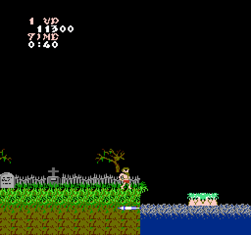 Ghosts 'N Goblins NES / Famicom Screenshot: Jump on the platform to cross the river...