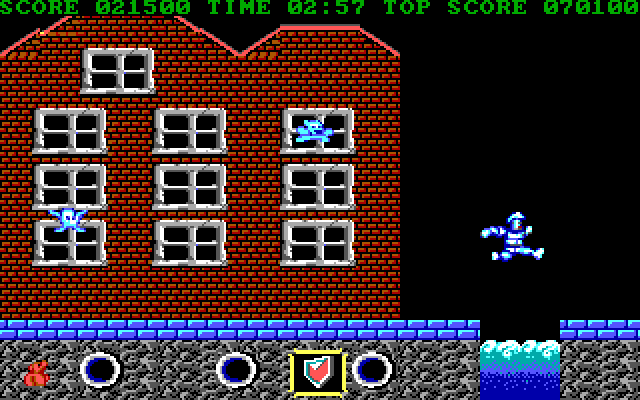 Ghosts 'N Goblins IBM PC/Compatibles Screenshot: Leaping over a gap in the platforms.