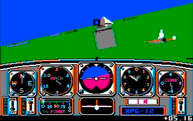 Chuck Yeager's Advanced Flight Simulator IBM PC/Compatibles Screenshot: Chase plane...can you follow the other plane through the obstacles?
