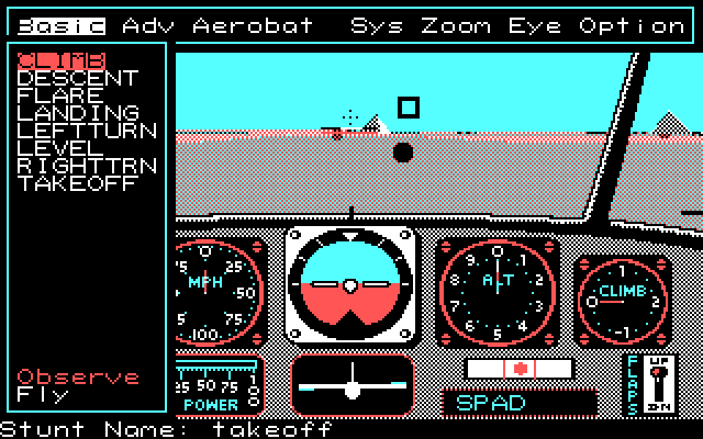 Chuck Yeager's Advanced Flight Simulator IBM PC/Compatibles Screenshot: The stunt menu.