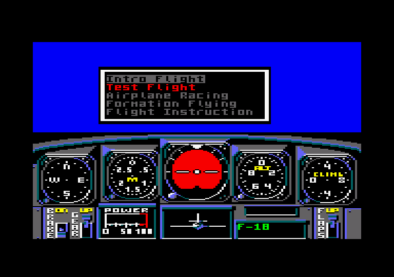 Chuck Yeager's Advanced Flight Simulator Amstrad CPC Screenshot: Main menu.