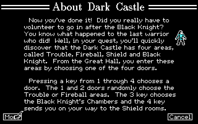 Dark Castle IBM PC/Compatibles Screenshot: Game instructions, part 1.