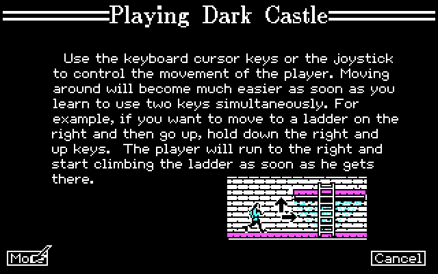 Dark Castle IBM PC/Compatibles Screenshot: Additional instructions.