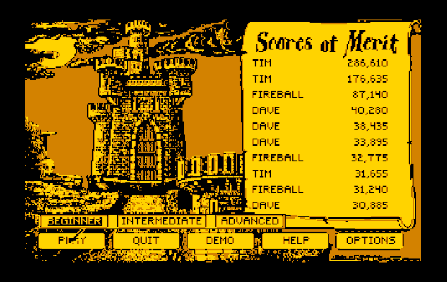Dark Castle IBM PC/Compatibles Screenshot: The main menu.