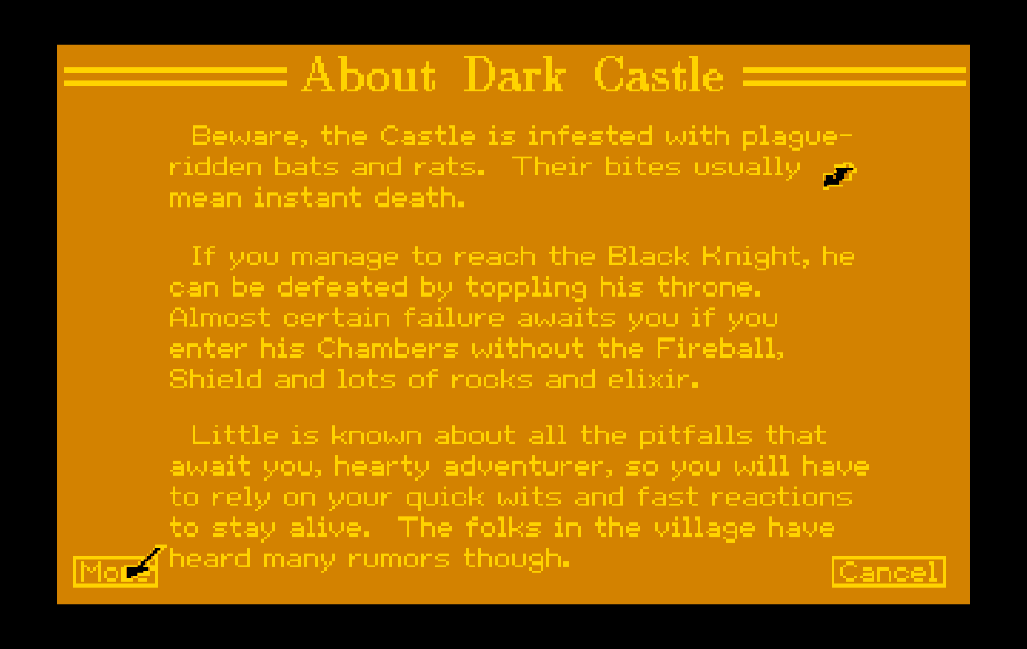 Dark Castle IBM PC/Compatibles Screenshot: Game instructions continued.