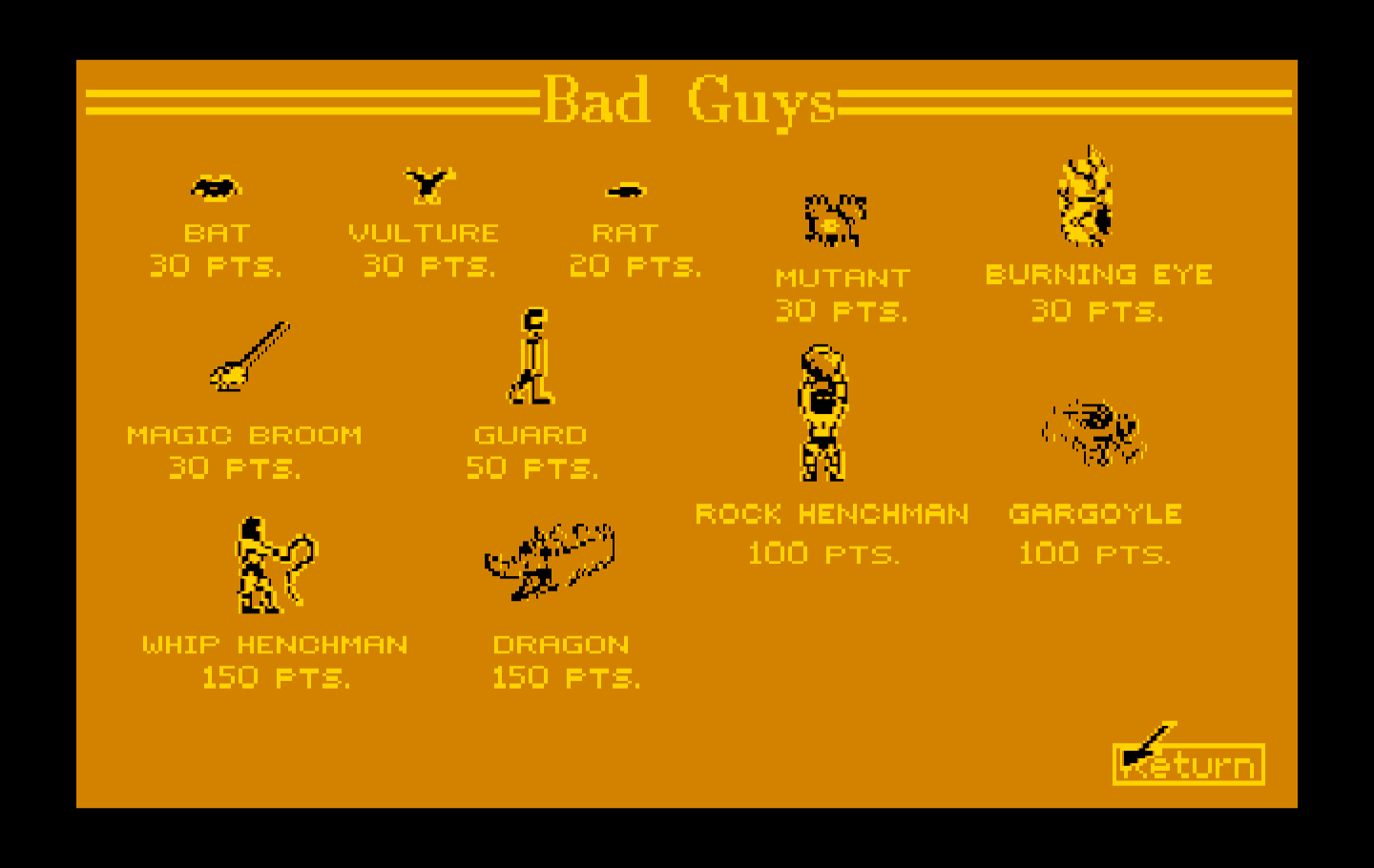 Dark Castle IBM PC/Compatibles Screenshot: Here are the bad guys you'll encounter.