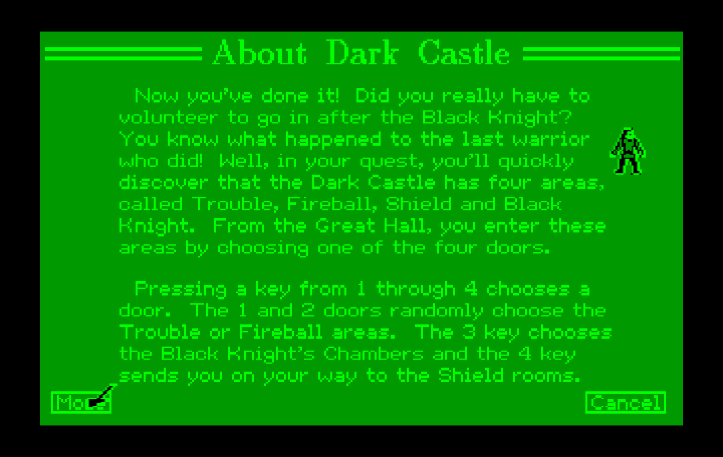 Dark Castle IBM PC/Compatibles Screenshot: About the game.