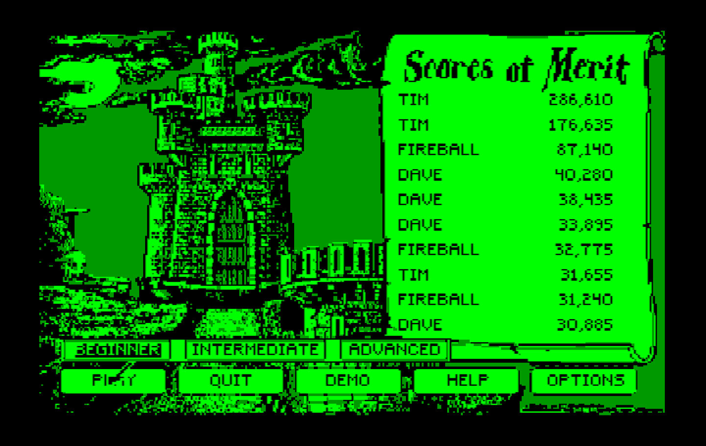 Dark Castle IBM PC/Compatibles Screenshot: The main menu.