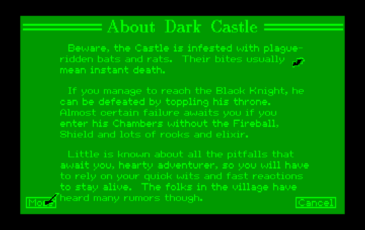 Dark Castle IBM PC/Compatibles Screenshot: Game instructions continued.