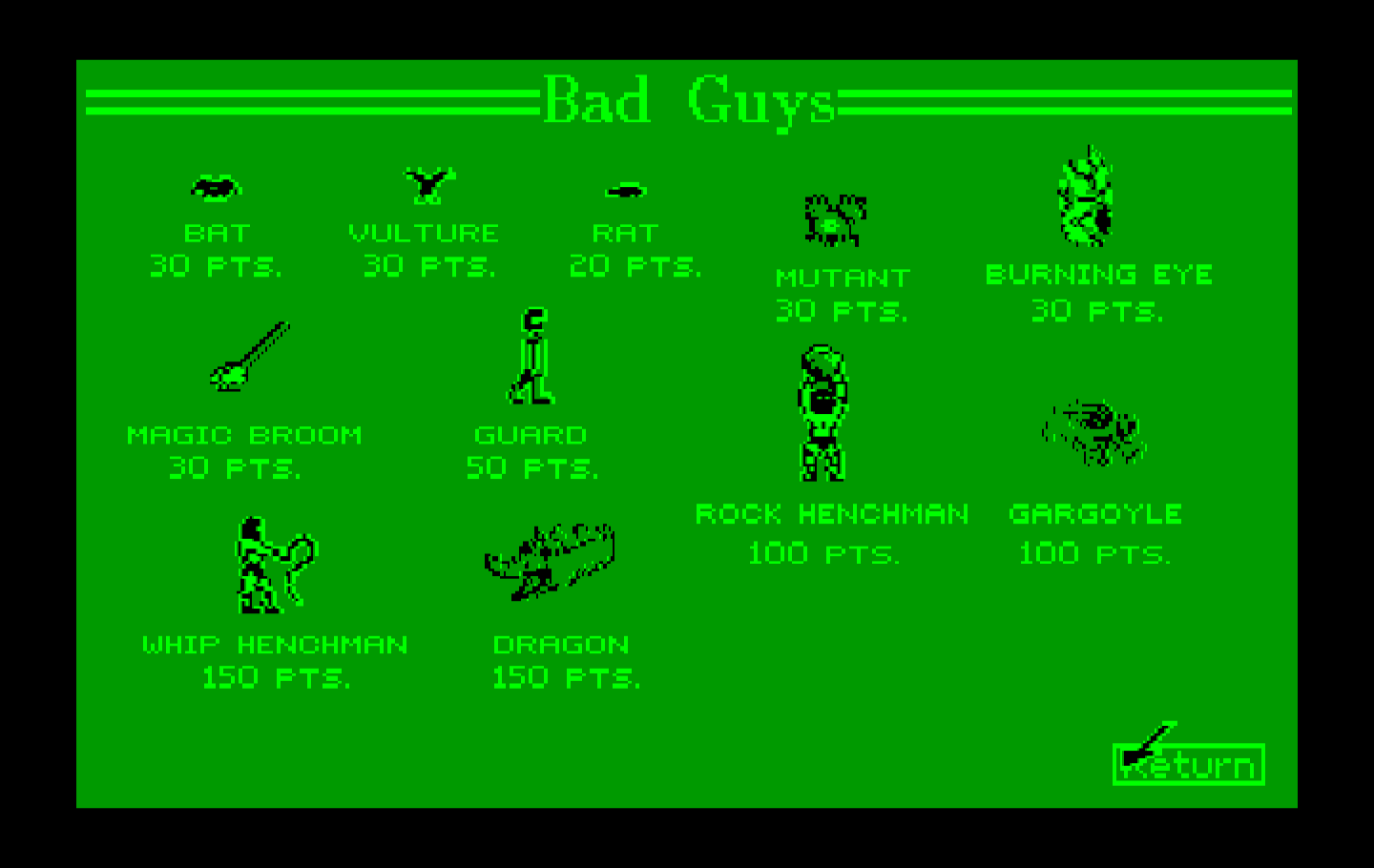 Dark Castle IBM PC/Compatibles Screenshot: Here are the bad guys you'll encounter.
