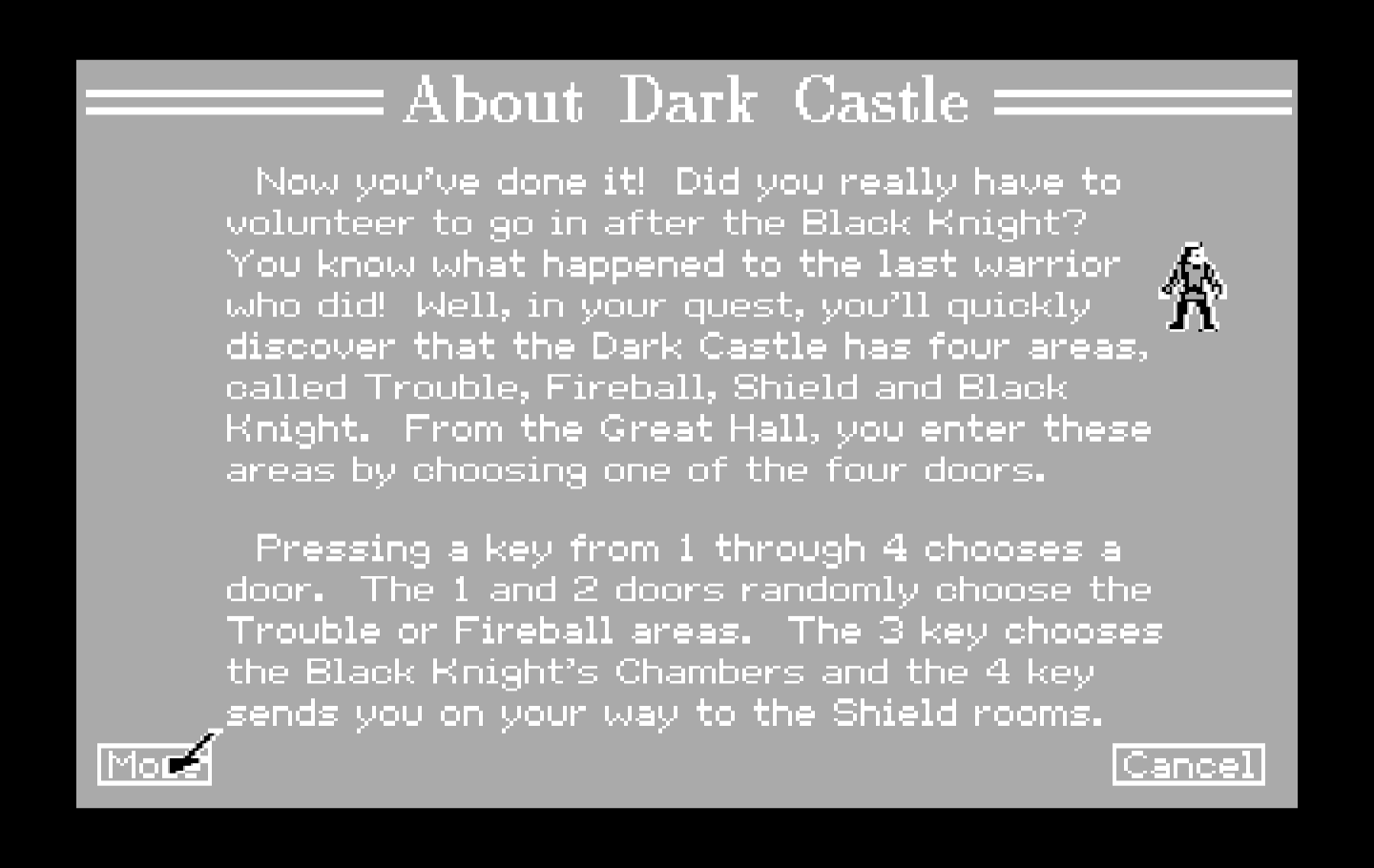 Dark Castle IBM PC/Compatibles Screenshot: About the game.