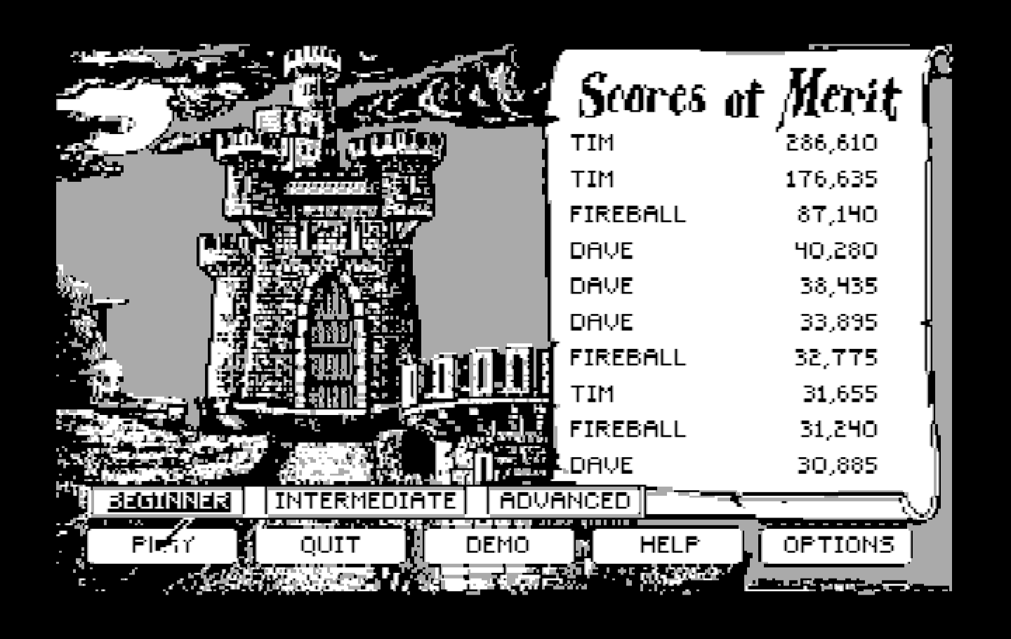 Dark Castle IBM PC/Compatibles Screenshot: The main menu.