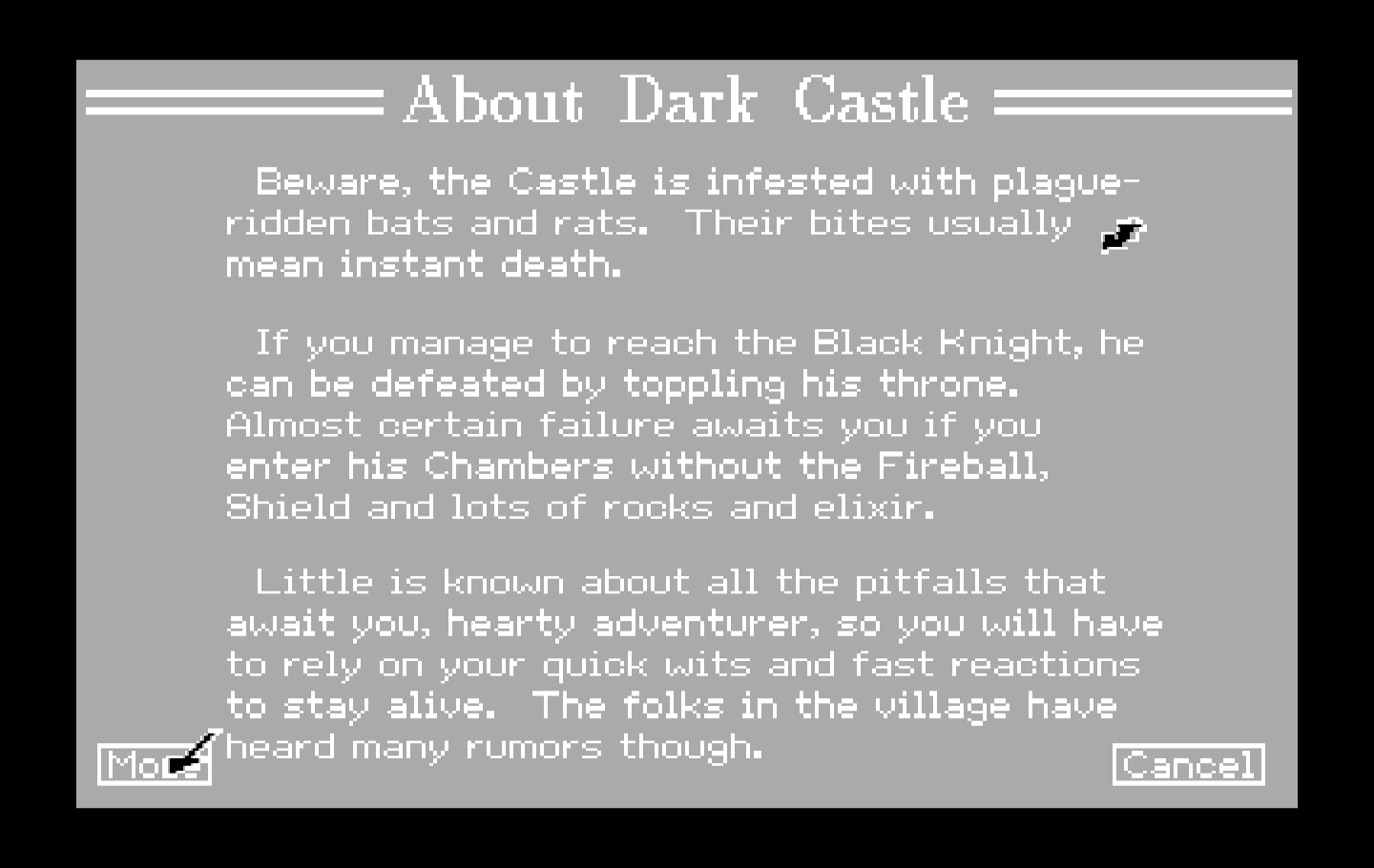 Dark Castle IBM PC/Compatibles Screenshot: Game instructions continued.