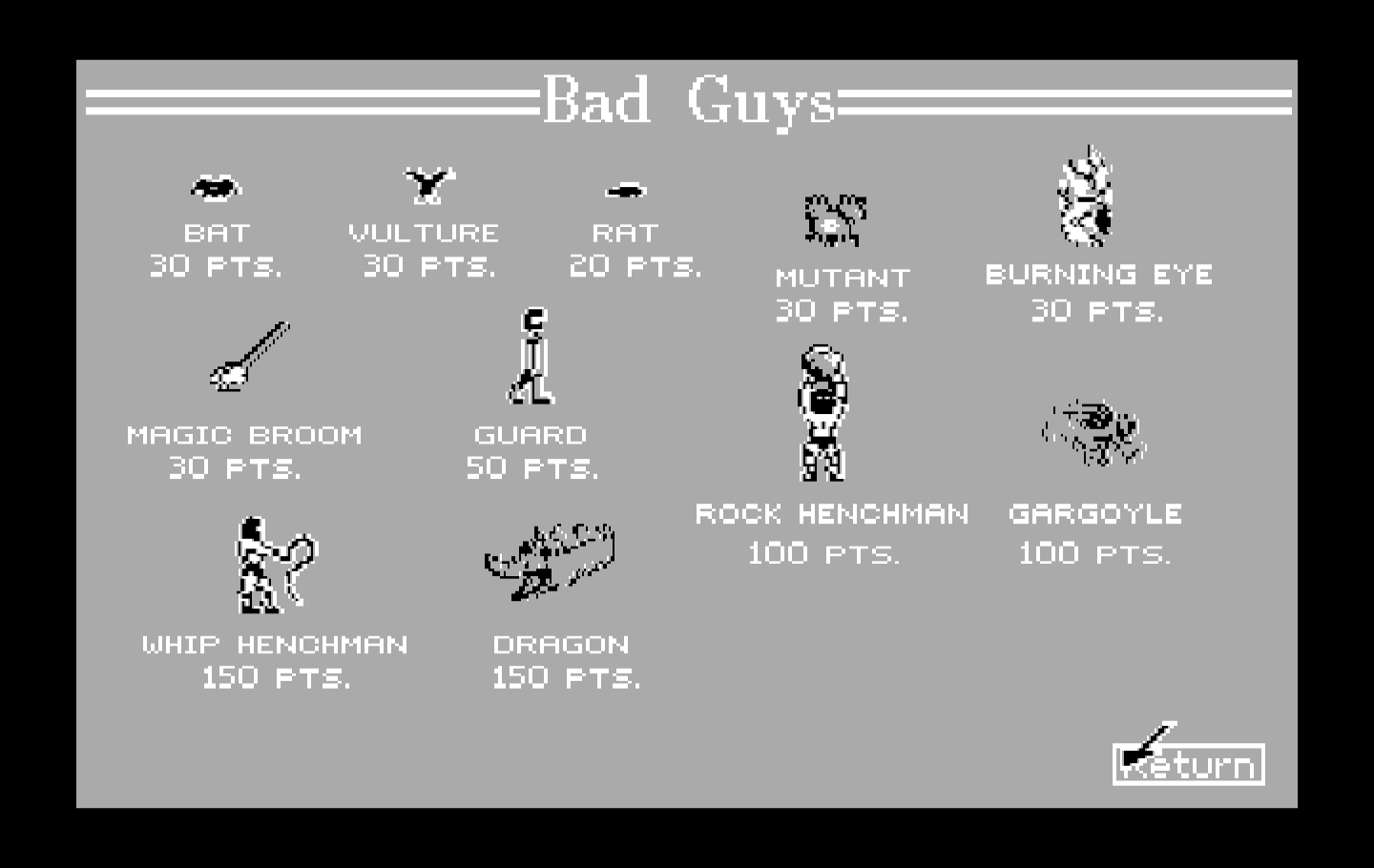 Dark Castle IBM PC/Compatibles Screenshot: Here are the bad guys you'll encounter.