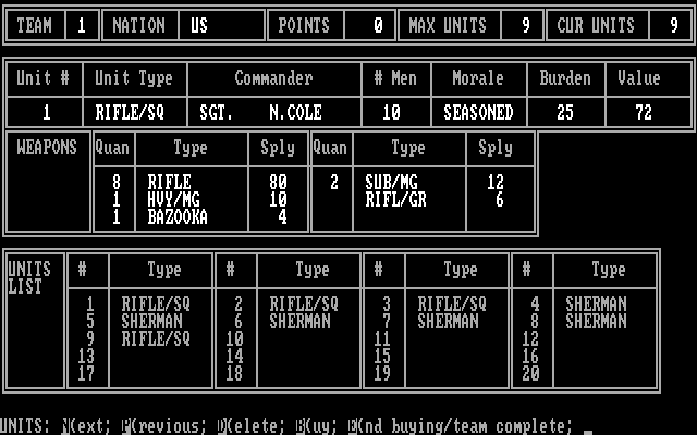 Under Fire! IBM PC/Compatibles Screenshot: Reviewing team 1 units...