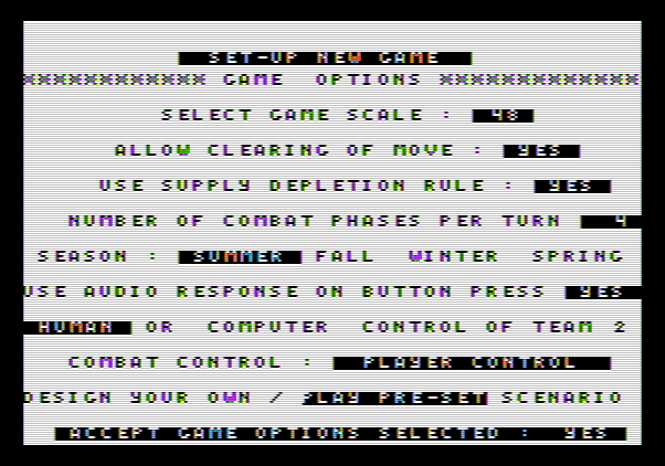 Under Fire! Apple II Screenshot: First, let's set up some options for a new game.