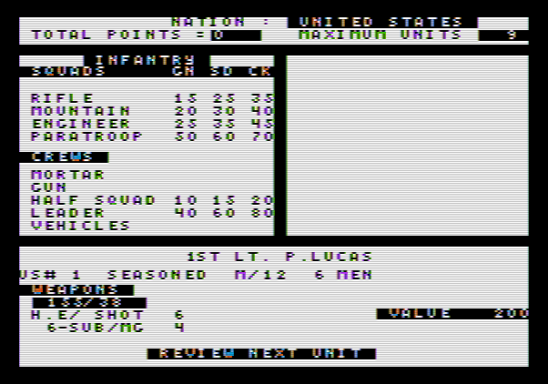 Under Fire! Apple II Screenshot: Reviewing my units before the game begins.