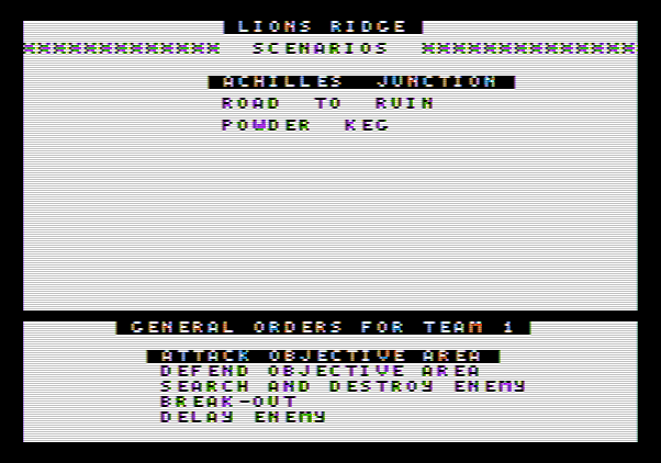 Under Fire! Apple II Screenshot: There are different scenarios and orders to choose from...