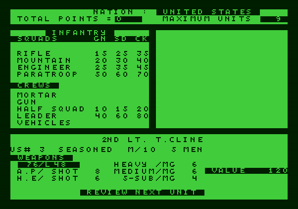 Under Fire! Apple II Screenshot: Each player can review their units before the game starts.