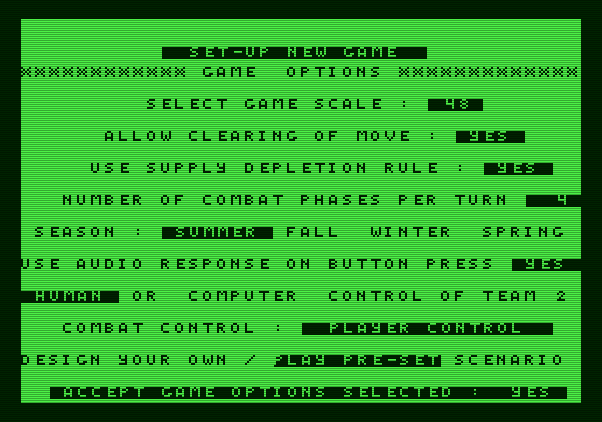 Under Fire! Apple II Screenshot: First, let's set up a few game options.