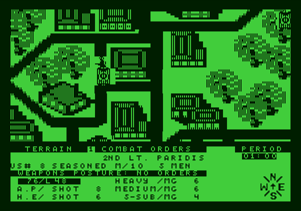 Under Fire! Apple II Screenshot: Taking a look at another unit; no orders given yet...