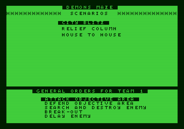 Under Fire! Apple II Screenshot: Select a scenario and player objectives.