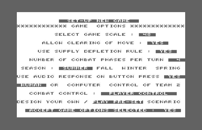 Under Fire! Commodore 64 Screenshot: First, lets select some options for a new game.