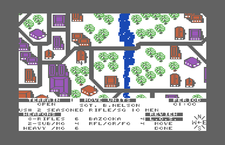 Under Fire! Commodore 64 Screenshot: There are a number of options to choose from when reviewing and moving units.