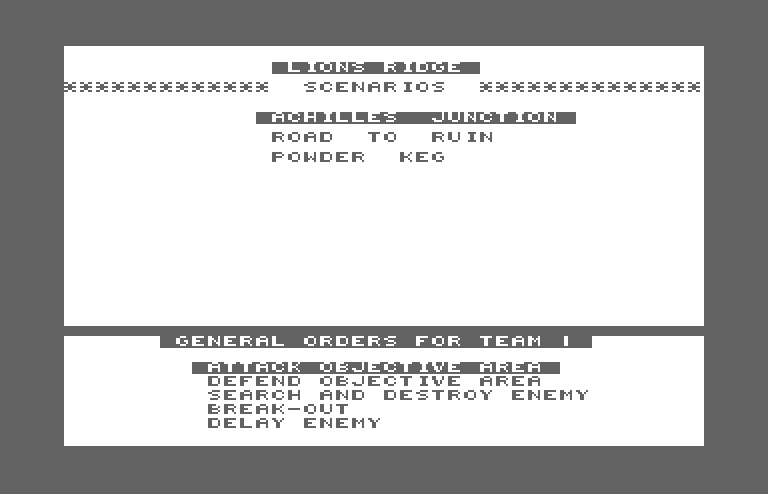Under Fire! Commodore 64 Screenshot: Selecting a scenario and each team's orders.