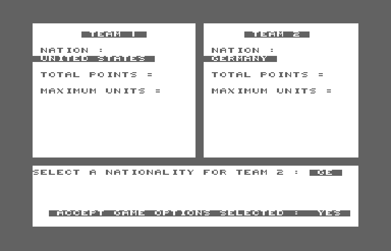 Under Fire! Commodore 64 Screenshot: Setting up the teams.