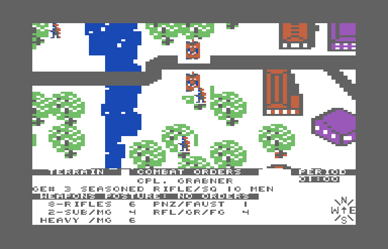 Under Fire! Commodore 64 Screenshot: Deciding on orders for my next unit...