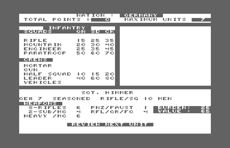 Under Fire! Commodore 64 Screenshot: Each player has an opportunity to review their units.